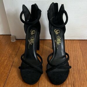 So Me Black Suede Ankle Strap Heels